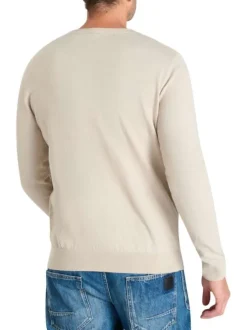 Pull en coton beige à coupe droite pourvu d'un col rond côtelé