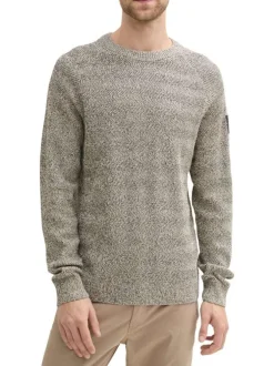 Pull en coton beige moucheté à coupe droite, col rond et manches longues