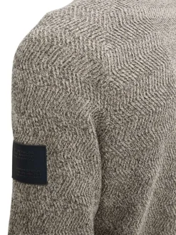 Pull en coton beige moucheté à coupe droite, col rond et manches longues