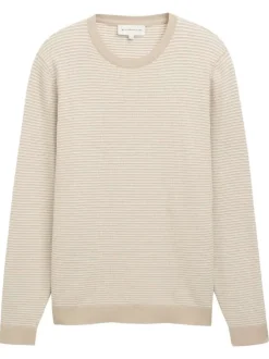Pull en coton beige à rayures avec une coupe droite et un col rond