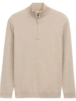 Pull en coton beige uni avec un col camionneur et des manches longues