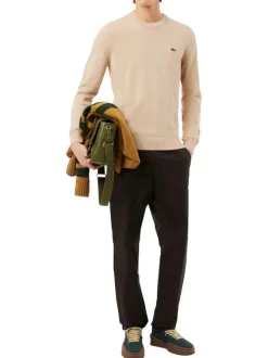 Pull en coton beige uni avec un col rond et des manches longues