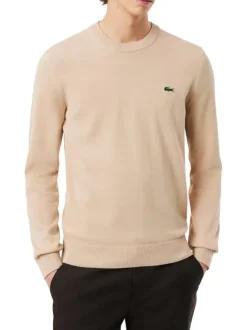 Pull en coton beige uni avec un col rond et des manches longues