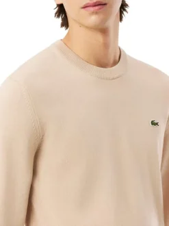 Pull en coton beige uni avec un col rond et des manches longues