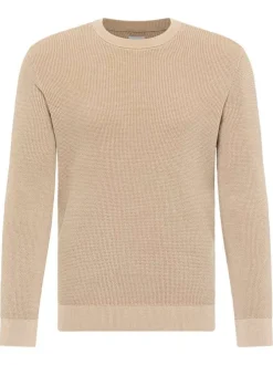 Pull en coton beige uni avec un col rond et des manches longues