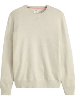 Pull en coton beige uni avec un col rond et des manches longues