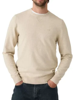 Pull en coton beige uni avec un col rond et des manches longues