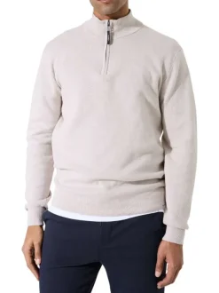 Pull en coton beige uni avec un col zippé et des manches longues
