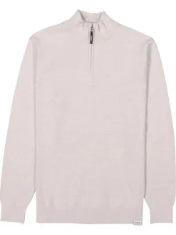 Pull en coton beige uni avec un col zippé et des manches longues