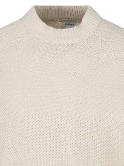 Pull en coton beige uni avec une coupe ajustée et un col montant