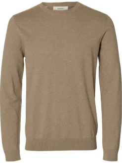 Pull en coton beige uni avec une coupe droite et des manches longues