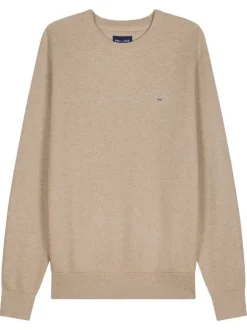 Pull en coton beige uni avec une coupe droite et un col rond