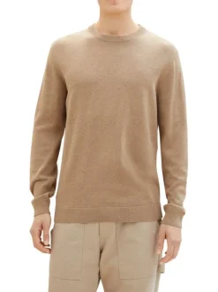 Pull en coton beige uni coupe droite avec un col rond et logo poitrine