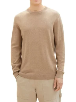 Pull en coton beige uni coupe droite avec un col rond et logo poitrine