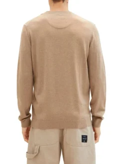 Pull en coton beige uni coupe droite avec un col rond et logo poitrine