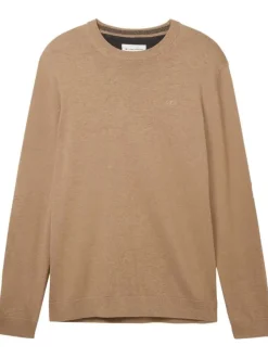 Pull en coton beige uni coupe droite avec un col rond et logo poitrine