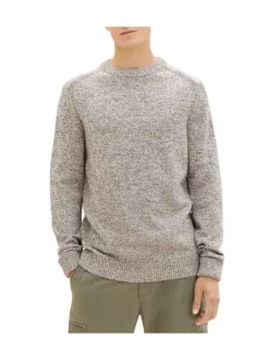 Pull en coton beige uni coupe droite avec un col rond et un patch au bras