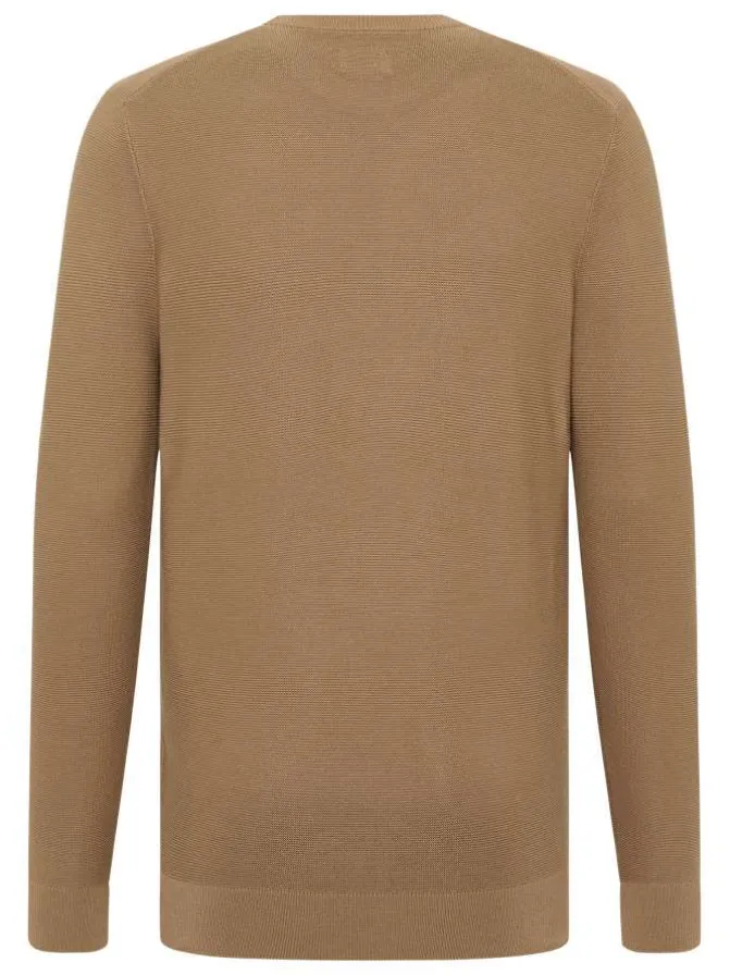 Pull en coton beige uni droit à col rond et à manches longues avec bord-côte