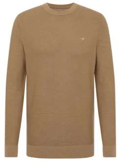 Pull en coton beige uni droit à col rond et à manches longues avec bord-côte