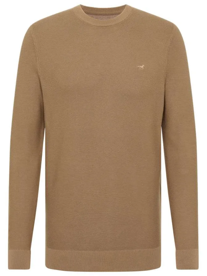 Pull en coton beige uni droit à col rond et à manches longues avec bord-côte