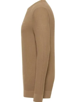 Pull en coton beige uni droit à col rond et à manches longues avec bord-côte