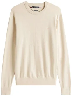 Pull en coton beige uni en maille fine avec une coupe droite et un col rond