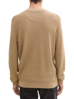Pull en coton beige uni en maille serrée avec une coupe droite et un col rond