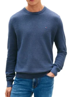 Pull en coton biologique bleu à coupe ajustée pourvu d'un col rond