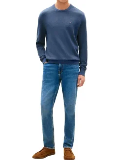Pull en coton biologique bleu à coupe ajustée pourvu d'un col rond
