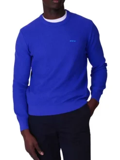 Pull en coton biologique bleu uni avec une coupe droite et un col rond