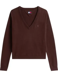 Pull en coton biologique brun uni avec une coupe droite et un col v