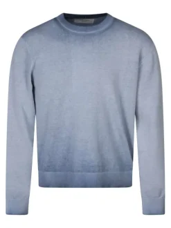 Pull en coton biologique ciel uni pourvu d'un col rond et d'un aspect fumé