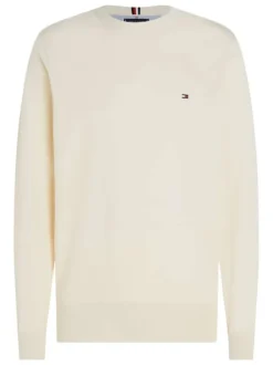 Pull en coton biologique écru uni coupe droite avec un col rond
