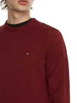 Pull en coton biologique (en partie) bordeaux uni à coupe droite col rond et petit logo brodé