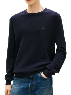 Pull en coton biologique marine à coupe ajustée pourvu d'un col rond