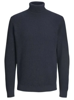 Pull en coton biologique marine uni à coupe droite avec col roulé gaufré