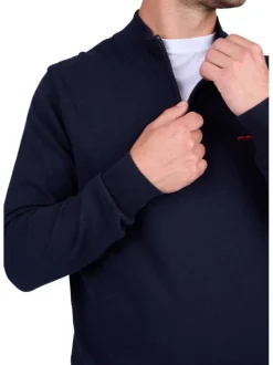 Pull en coton biologique marine uni à coupe droite et col camionneur