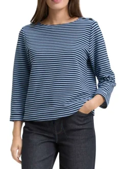 Pull en coton biologique mélangé bleu à rayures avec une coupe droite