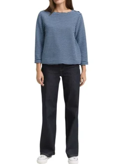 Pull en coton biologique mélangé bleu à rayures avec une coupe droite