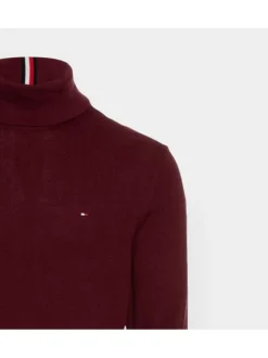 Pull en coton biologique mélangé bordeaux en maille jersey à coupe droite et col roulé