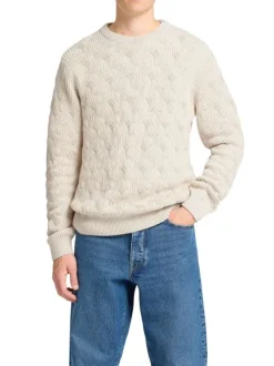 Pull en coton biologique mélangé écru en maille torsadée coupe droite col rond