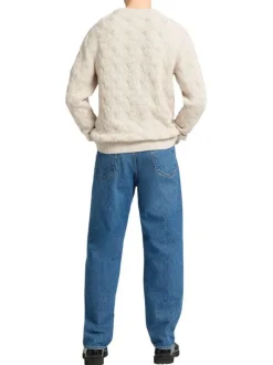 Pull en coton biologique mélangé écru en maille torsadée coupe droite col rond