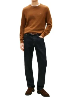 Pull en coton biologique orange à coupe ajustée pourvu d'un col rond