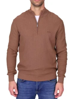 Pull en coton biologique taupe uni avec une coupe droite et un col camionneur