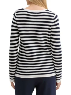 Pull en coton blanc et marine pourvu d'un col rond et de manches longues