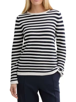 Pull en coton blanc et marine pourvu d'un col rond et de manches longues