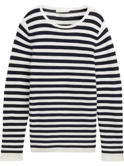 Pull en coton blanc et marine pourvu d'un col rond et de manches longues