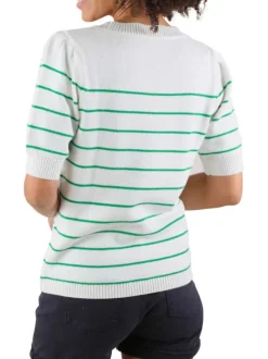 Pull en coton blanc à rayures vertes avec une coupe droite et un col rond