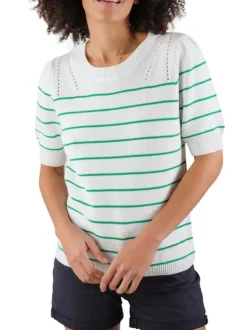 Pull en coton blanc à rayures vertes avec une coupe droite et un col rond