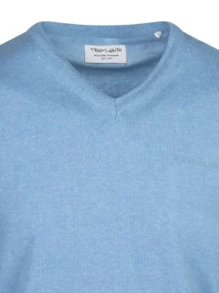 Pull en coton bleu chiné uni avec une coupe droite et un col v